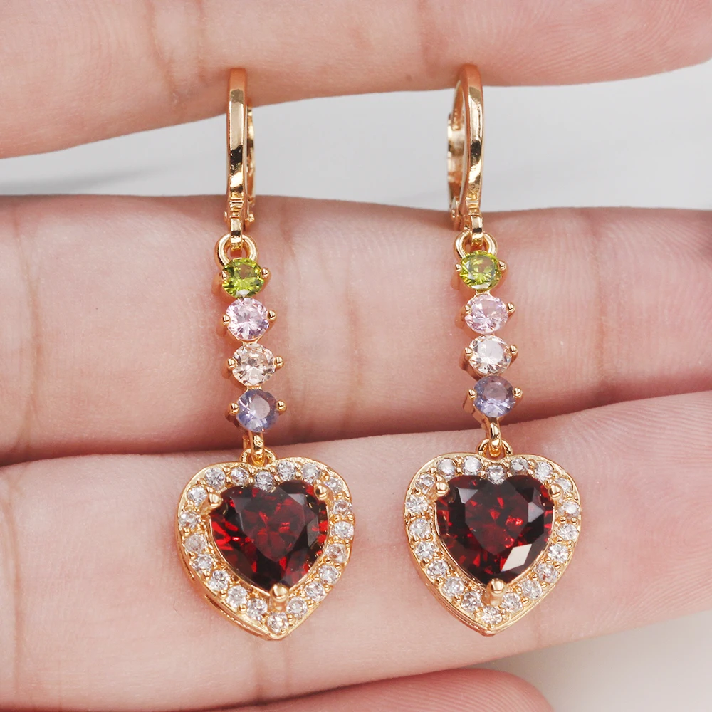 Luxury Drop Earrings for Women's Dangle earrings Gold Filled Earring with heart redZircon Trendy Jewelry for Wedding accessories