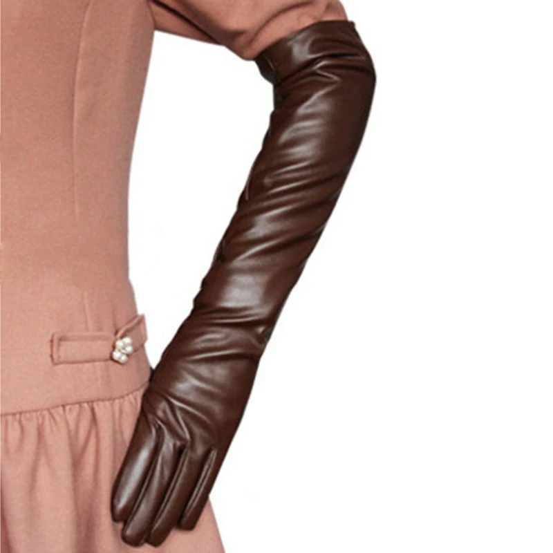 

Long Leather Gloves Long Sleeve Simulation Leather Three Bars White Black Woman Patent Leather PU Gloves