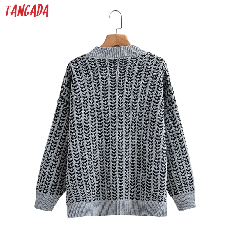 

Tangada 2021 New Women Geometry Knitted Cardigan Sweater Jumper Vintage Long Sleeve Button-up Female Outerwear 1F360