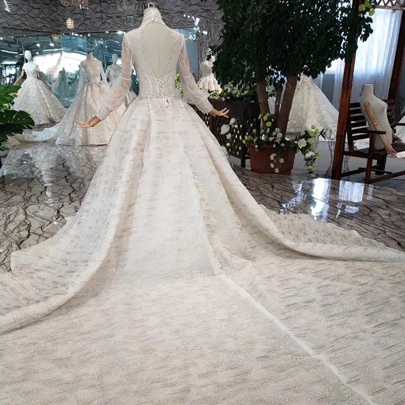 Sample Luxury 180cm Royal Train Bead Crystal Sequin Lace Bridal Gown Tulle Long Sleeves High Neck Wedding Dress vestido de novia