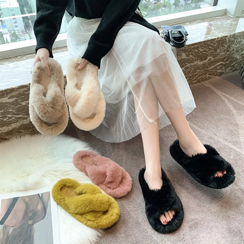 

2021 new woolen slippers women's outdoor shoes autumn and winter household one-line indoor cotton slippers