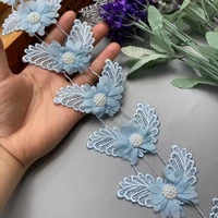 10x blue 8cm butterfly lace trim ribbon chiffon diamond flower fabric handmade embroidered applique wedding dress sewing craft