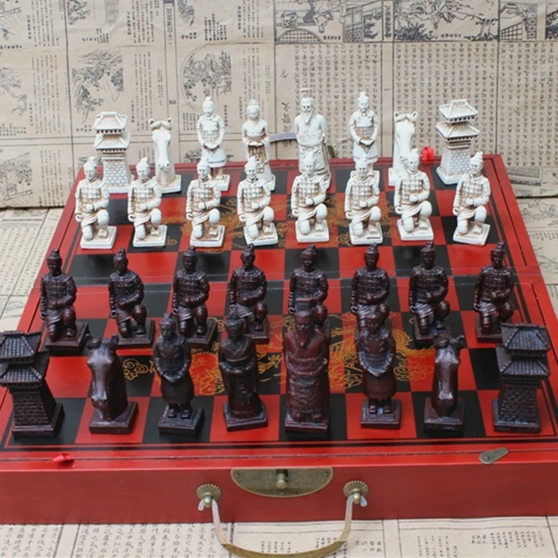 

Antique Chess Three-dimensional Super Large Chess Pieces Wooden Folding Chess Board Terracotta Warriors Figures Entertainment