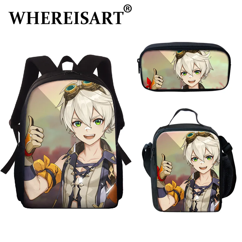 

WHEREISART Game Genshin Impact Young People 3pcs/Set Backpack Pencil Bag High Quality Bennett Lunch Package Student Bookbag Gift
