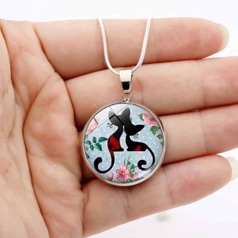Классическое ожерелье-цепочка из нержавеющей стали с кабошоном в виде кота |
