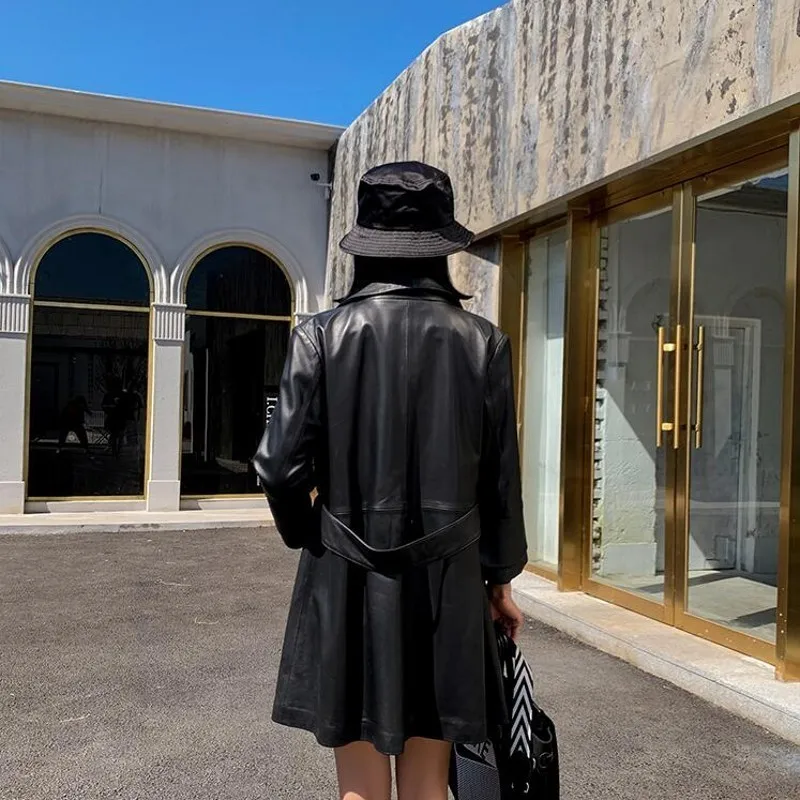 

Office Ladies Genuine Leather Sheepskin Slim Long Jackets Petal Sleeve Single Button Lapel Female Medium Length Coats Plus Size