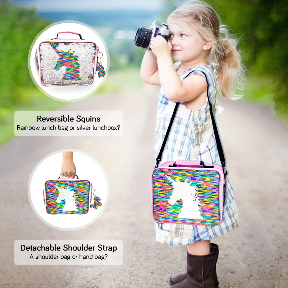 Смешная сумка для ланча с двусторонними блестками в виде единорога хранения еды