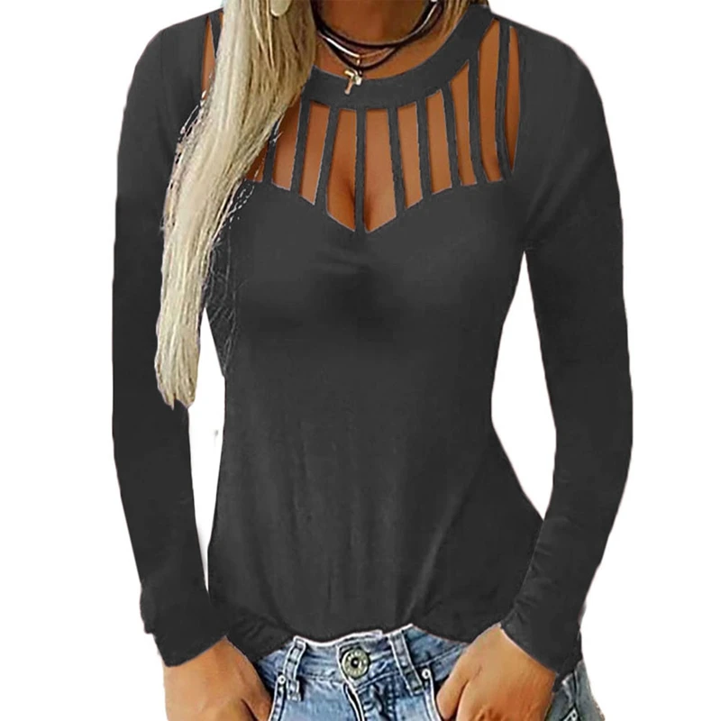Женские однотонные топы с вырезами женские облегающие футболки длинным рукавом