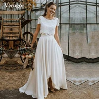 verngo modest boho a line two pieces wedding dress lace top short sleeves bridal gown jewel neck high low country wedding gowns