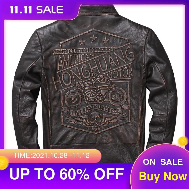 

2021 Vintage Brown Men Motorcycle Leather Jacket Plus Size XXXL Genuine Thick Cowhide Spring Slim Fit Biker's Coat FREE SHIPPING