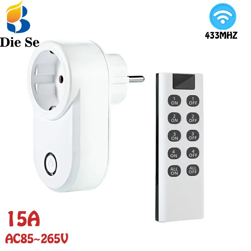 

Universal Remote Control Smart Socket EU Plug ,433mhz Transmitter 220V 15A Programmable Electrical Outlet Switch for Residential