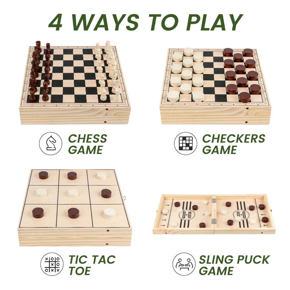 

4 in 1 Wooden Board Game Toys Fast Sling Puck Game Chess Game Checkers Tic Tac Toe Games Kid Foldable Winner Board Toy Prop Gift