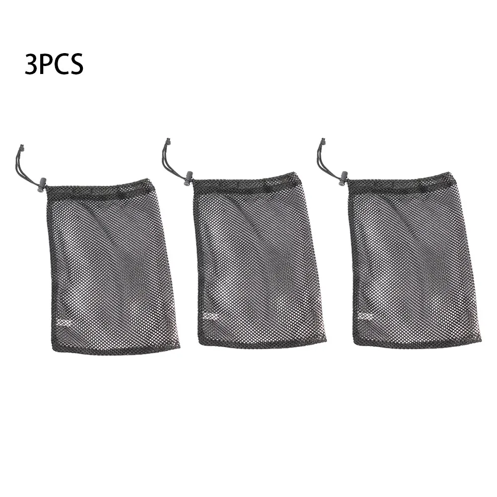 

3pcs Lightweight Practical Portable Large Capacity Drawstring Black Golf Ball Mesh Bag Storage Easily Clean With Spring Buckle