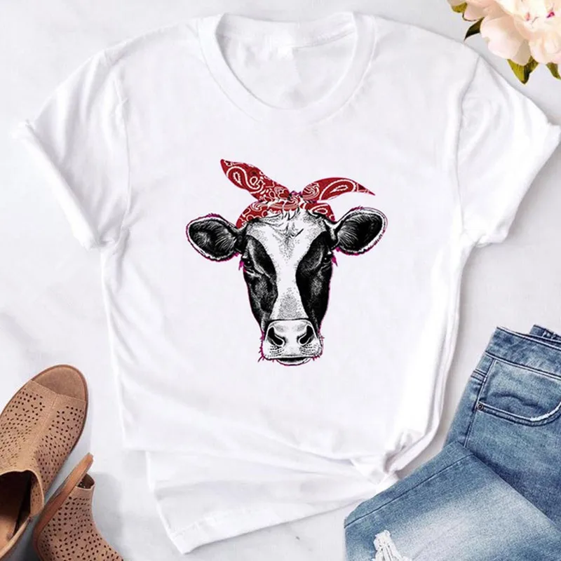

Cute Short Sleeve O-neck Female T-shirts Kawaii Women Tops Tees Summer Cartoon Cow Printed Women T Shirts Harajuku
