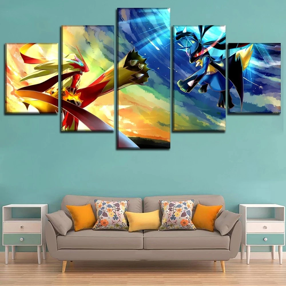 

5 Panel Anime Elf Vechten Pokemon Hd Canvas Poster Wall Art Prints Pictures Modern Home Decor Painting Living Room Modular Frame