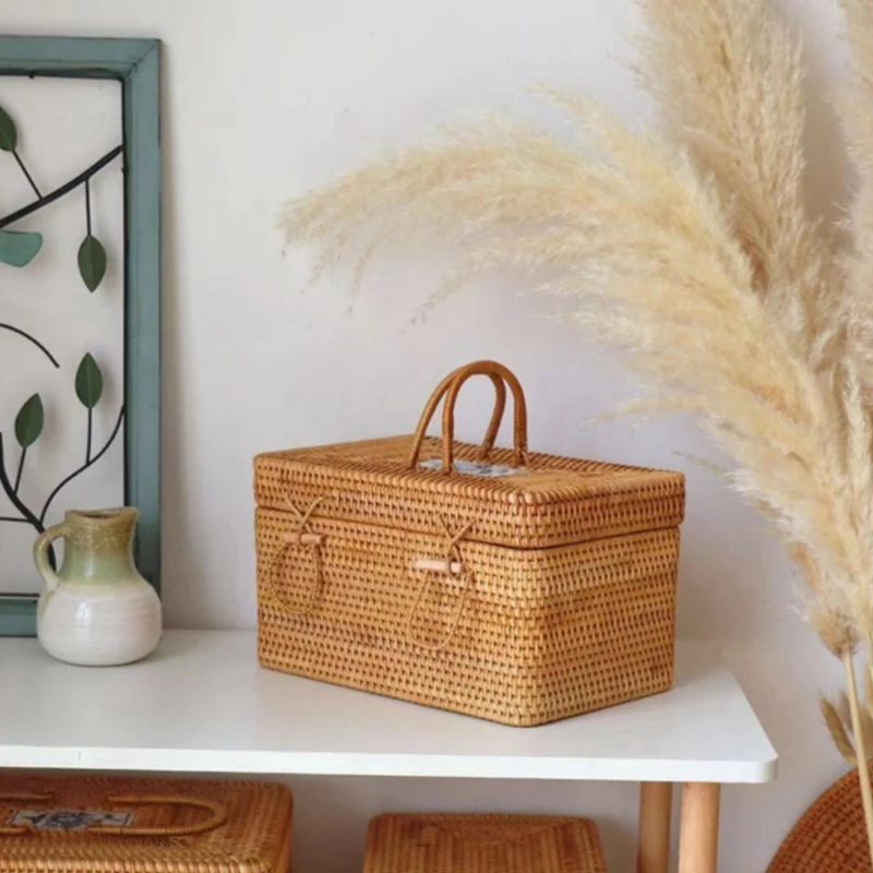 

Rattan Woven Storage Box with Lid Handmade Jewelry Box Makeup Organizer Square Portable Storage Box Desktop Storage Box