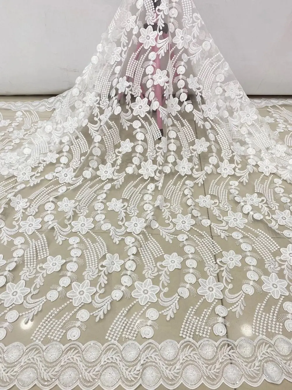 

Pretty Party African White With Embroidery Mesh Fabric French Net Lace Material For Evening Dress PAN540(5yards/lot)