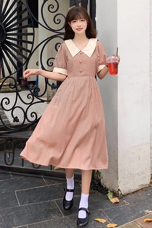 

Female 2020 Summer Korean Version Short-Sleeved High Waist Thin Plaid Long Dress renaissance princess lolita dress women