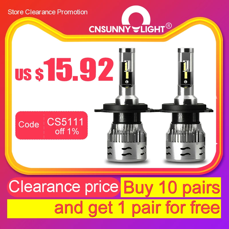 CNSUNNYLIGHT Автомобильные светодиодные лампы для фар H7 H4 H1 9005 9006 H11 60 Вт/комплект 8000Lm 6000