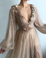 champagne muslim formal evening dress 2021 flowers v neck sequin dubai arabic long sleeve prom gown vestido de festa custom made