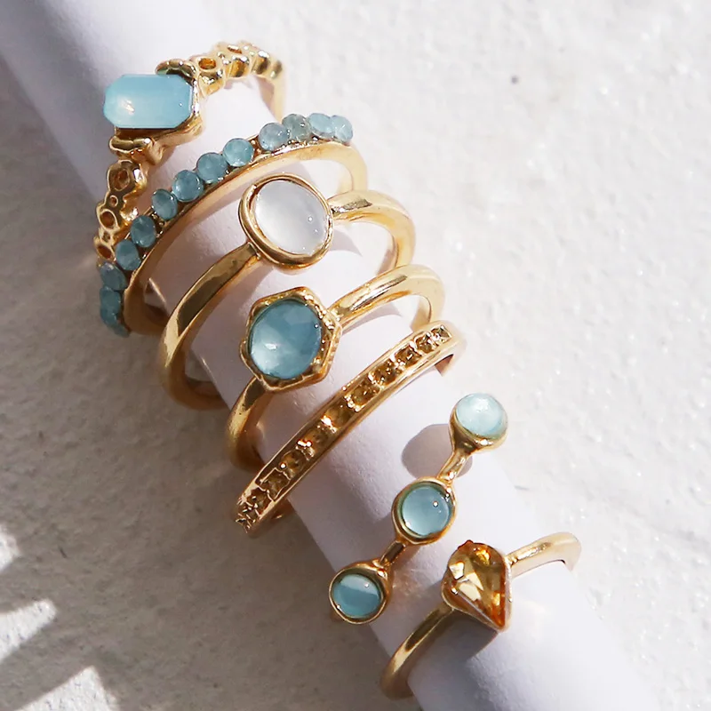 

2021 New Korea 7pcs/set Vintage Colorful Stone Metallic Chain Trendy Geometry Hit Rings Set for Women Girls Jewelry