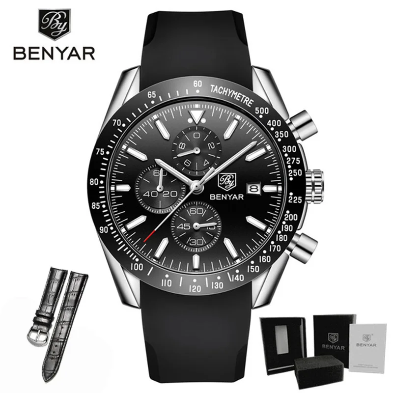 Black Strap Часы мужские роскошные брендовые BENYAR мужские синие часы с силиконовым ремешком наручные часы Мужские часы с хронографом мужские часы Relogio Masculino - Цвет: Black Strap