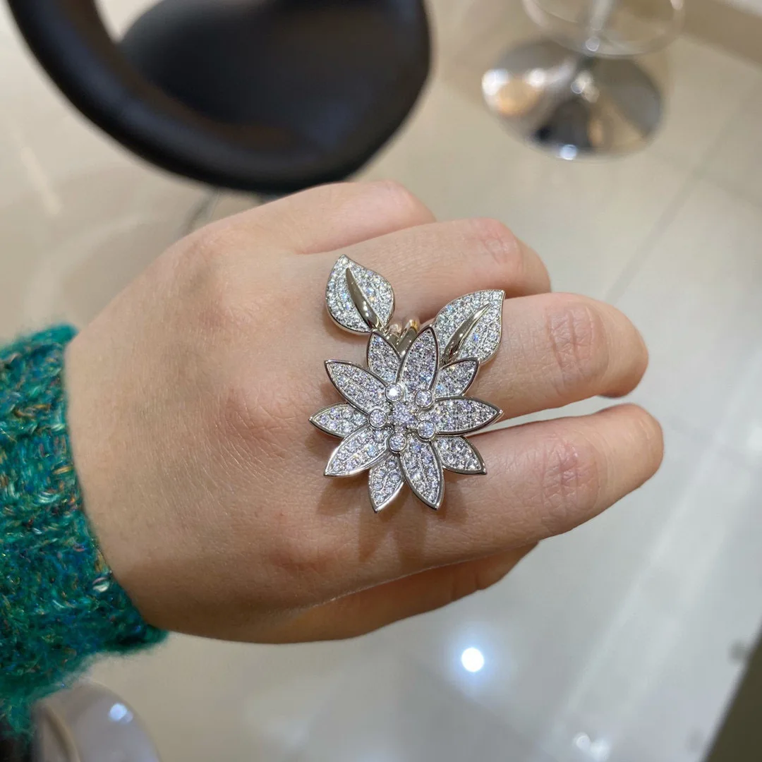 

Solid 925 Sterling Silver Lutos Flower Two Finger Ring with AAA Zircon Stone 3D Flower Bamboo Round Rings for Women Size 7