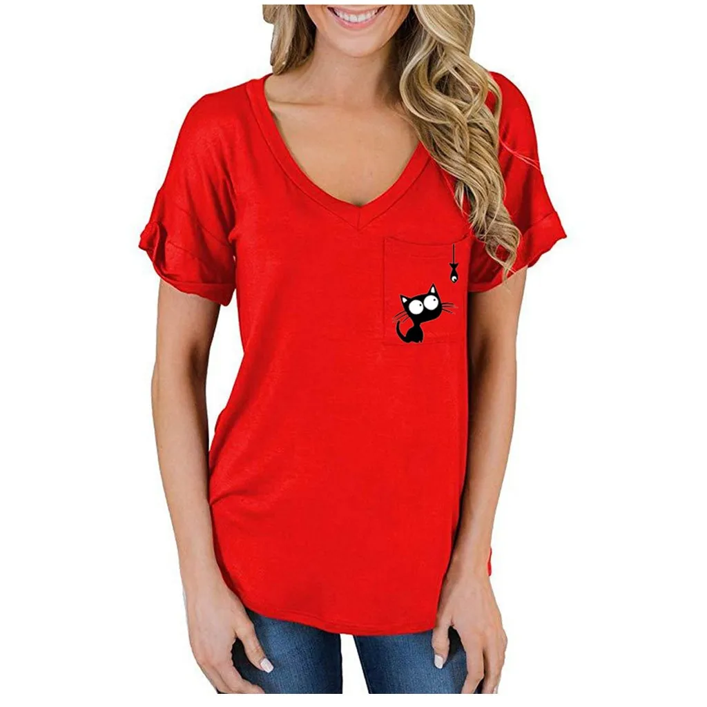 Футболка Женская летняя с коротким рукавом и v-образным вырезом карманом
