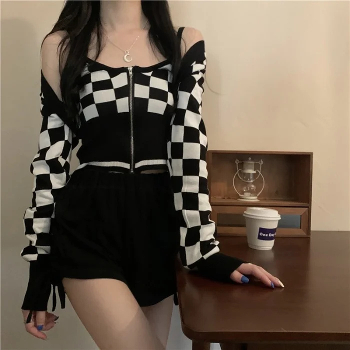 Вязаный кардиган в черно-белую клетку для женщин осенняя популярная одежда
