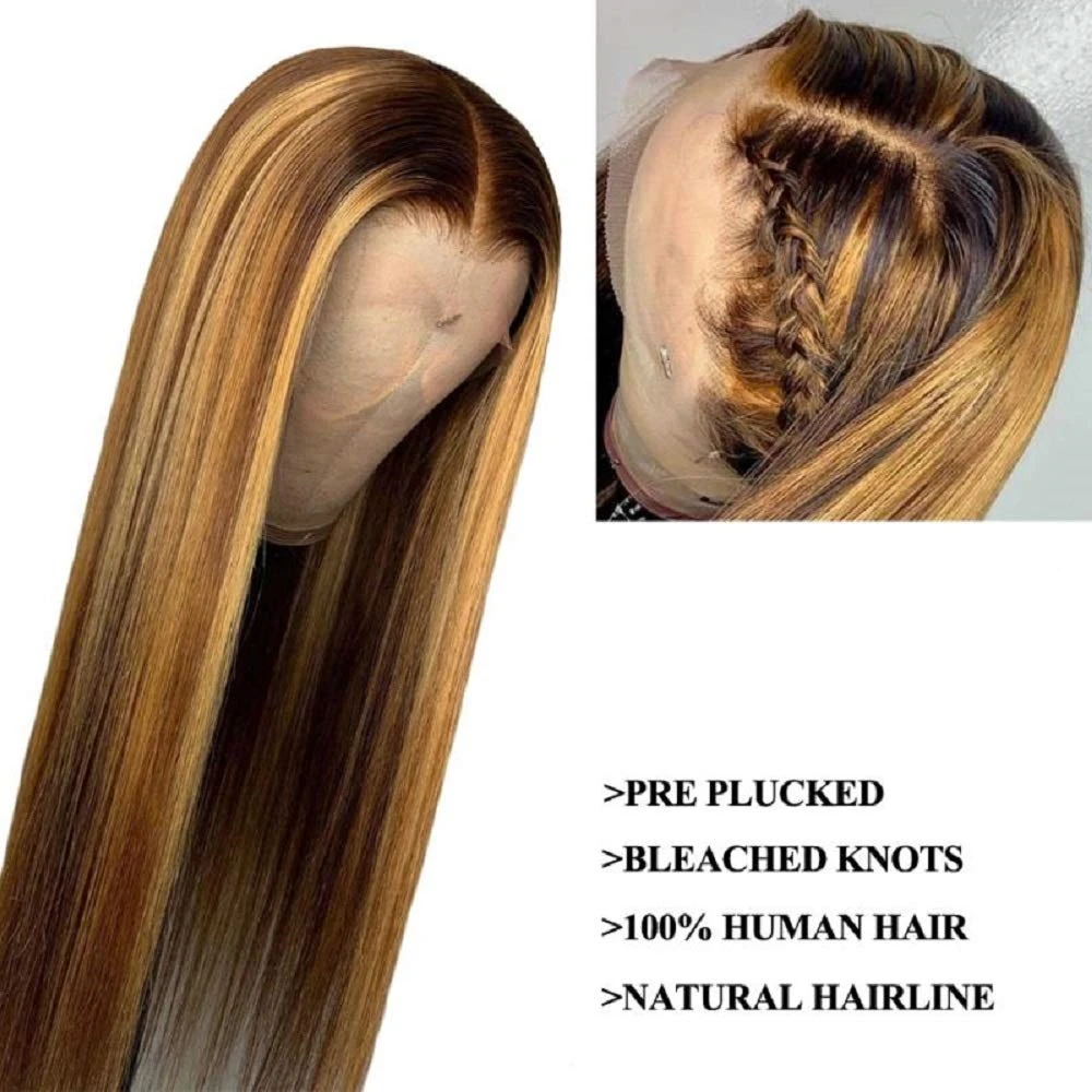 

Парик из натуральных волос с коричневыми прямыми краями, 27 #, плотный длинный парик с эффектом омбре, 13x6, парик из натуральных бразильских во...