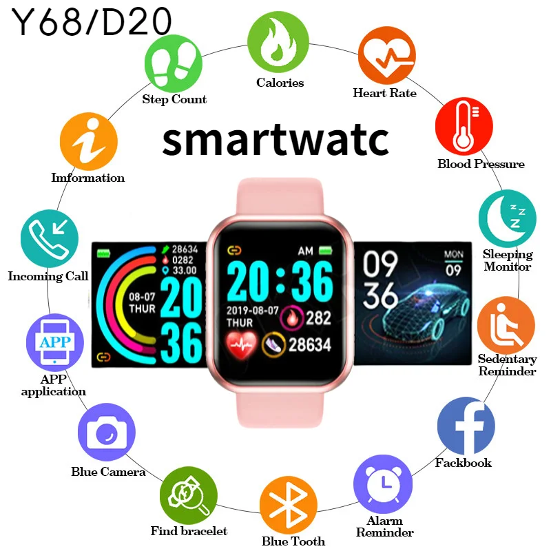 

HOT SALE D20 Men Women Smart Watch Kids Alarm Clock Fitness Bracelet Heart Rate Blood Pressure Smartwatch D20 Square Watches And