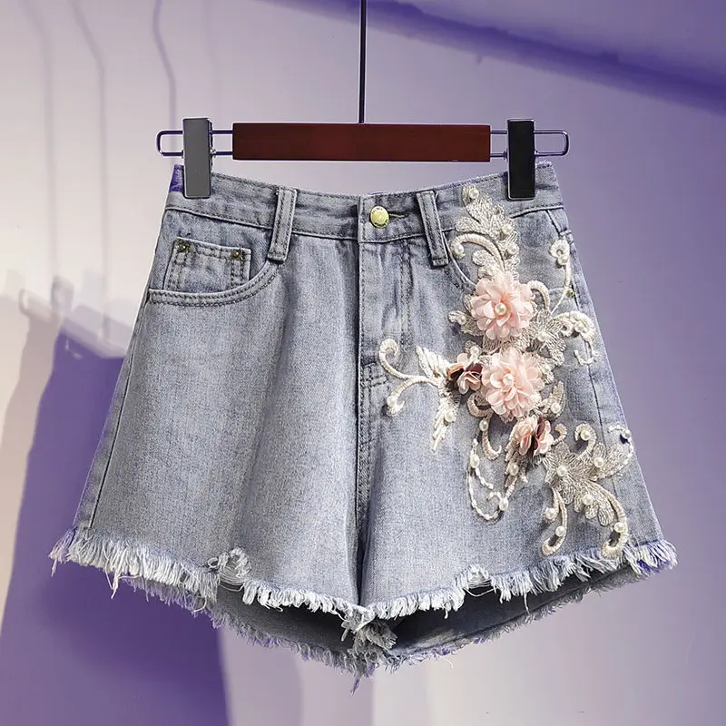 Женские джинсовые шорты с высокой талией Широкие рваные бахромой и объемным