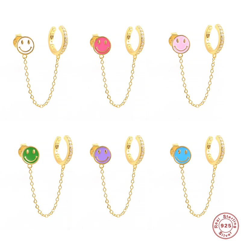 

ROMAD 925 Sterling Silver Colorful Enamel Smiley Face Stud Earrings 2021 Trend Dripping Oil Zircon Chain Earrings Cartilage Clip