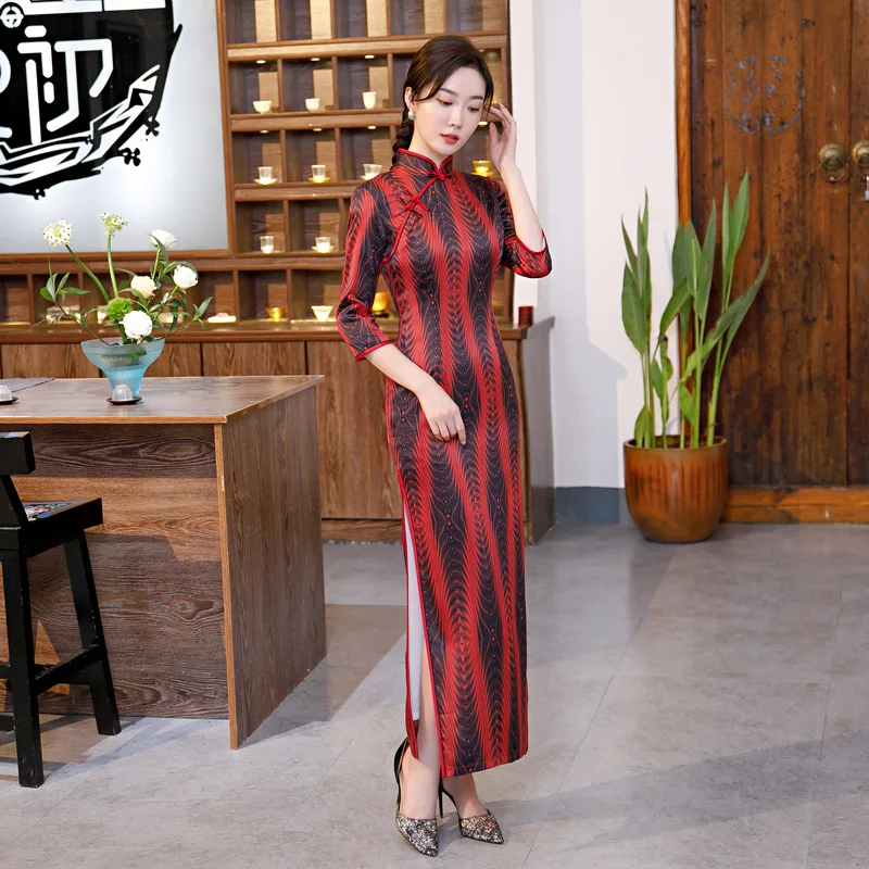 

Women Satin Long Chinese Dress Elegant High Split Print Flower Cheongsam Vestidso Plus Size Vintage Mandarin Collar Qipao