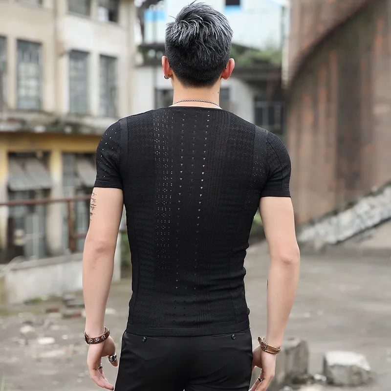 2020 Summer New Mens Short-sleeved T-shirt Korean Slim Fit Collar Ice Silk Hollow Out Youth Personality Trend | Мужская одежда