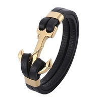 fashion men jewelry black multilayer leather bracelet stainless steel anchor charm bracelets handmade leather wristband pd0757