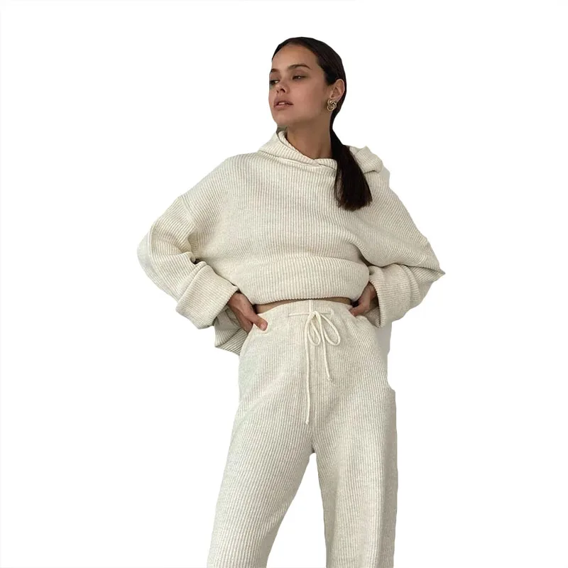 

2021 New European And American Solid Color Autumn And Winter Women's Home Fashion Sports Sweater Two-Piece Suit H591