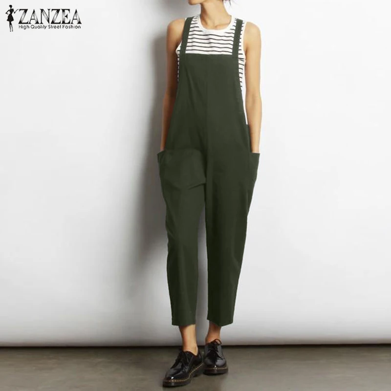 

Vintage Suspender Overalls Women's Summer Jumpsuits ZANZEA 2021 Casual Pockets Harem Pants Female Cotton Linen Rompers