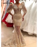 champagne sexy long sleeve evening dresses luxury 2021 dubai sparkly mermaid illusion party dress crystal special occasion gown