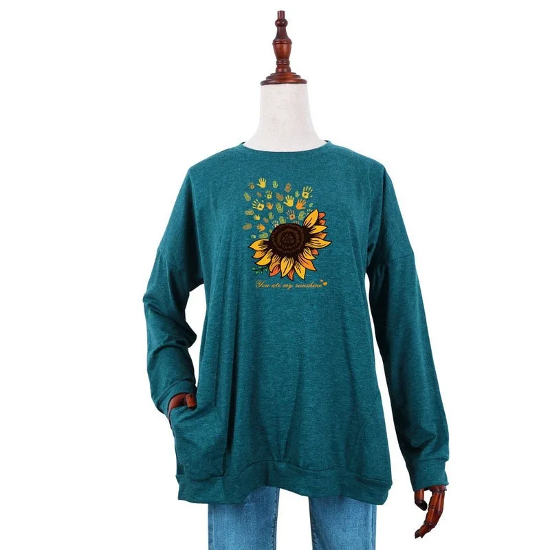 

Autumn Ladies Pocket Long Sleeve Pullovers Sunflower Fingerprint Print Female Fashion Casual Clothes Women Regular Hoodless Tops