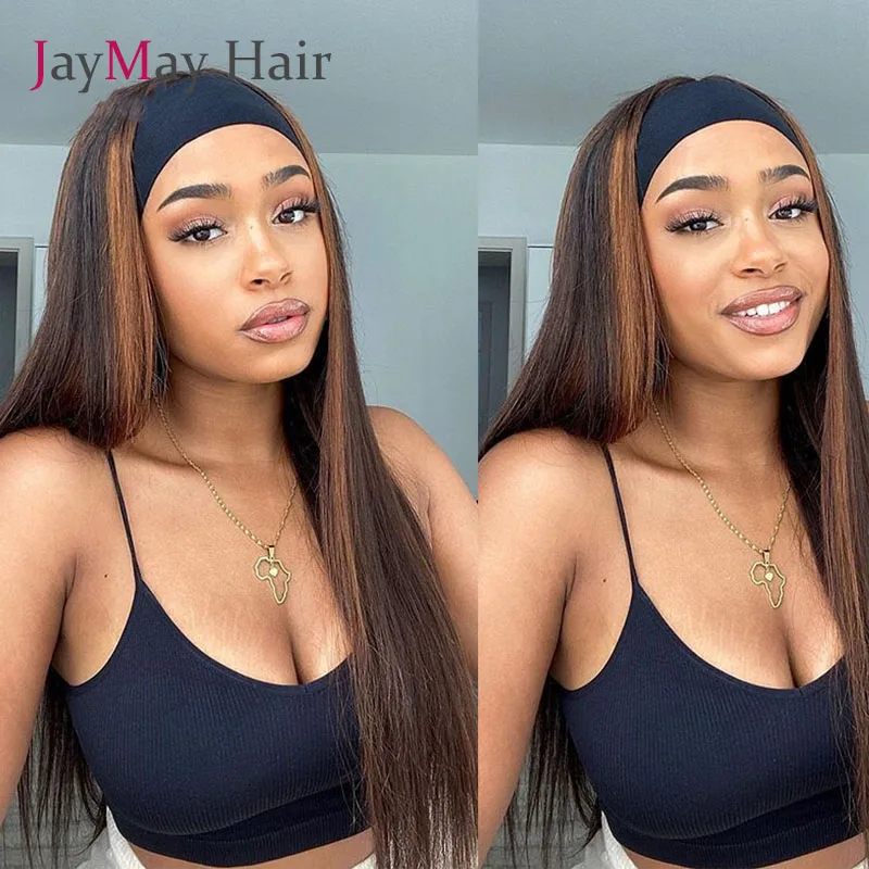 値段 Jaymayハイライト人間の髪かつらブラジルストレートヘアカチューシャスカーフかつらレミーhairgluelessヘッドバンドかつら黒人女性のための