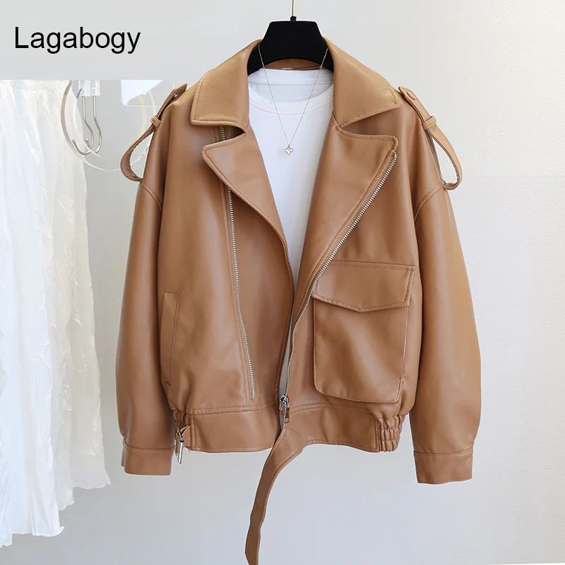 

Lagabogy New Spring Autumn PU Faux Leather Jacket Women Loose Causal Moto Biker Coats Female Zipper Brown Oversized Outwear