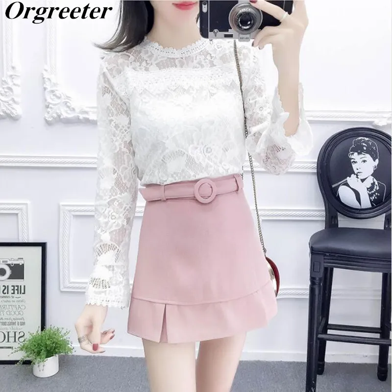 Весенне осенний Женский комплект из двух предметов повседневный Кружевной Белый