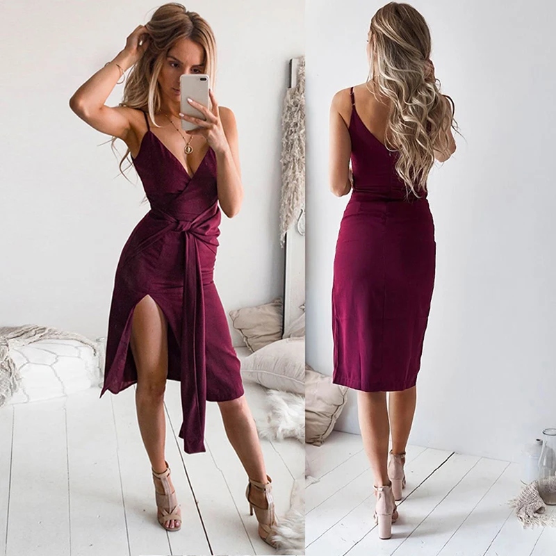 

Simple Summer Women Dress Vestidos Robe Solid Color Belt Waist Sexy Deep V-neck Open Irregular Ladies A-line Beach Dress