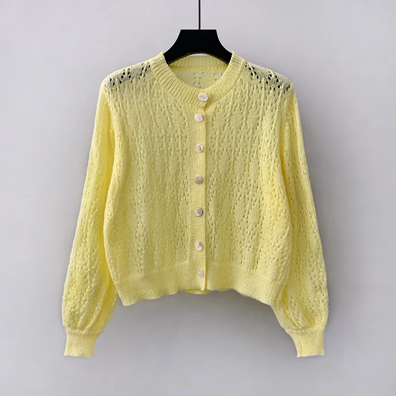 

Hollow-out Knitted Cardigan Women Spring 2021 New Korean Fashion Lantern Long Sleeve Loose Short Button Sweater Coat Femme Tops