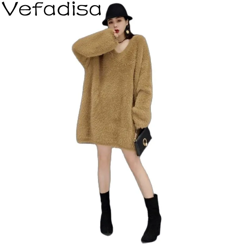 

Vefadisa Simple And Fashionable Pure Color Knitted Sweater Women 2022 Fall/Spring Loose V-neck Mink Fleece Pullover TT910