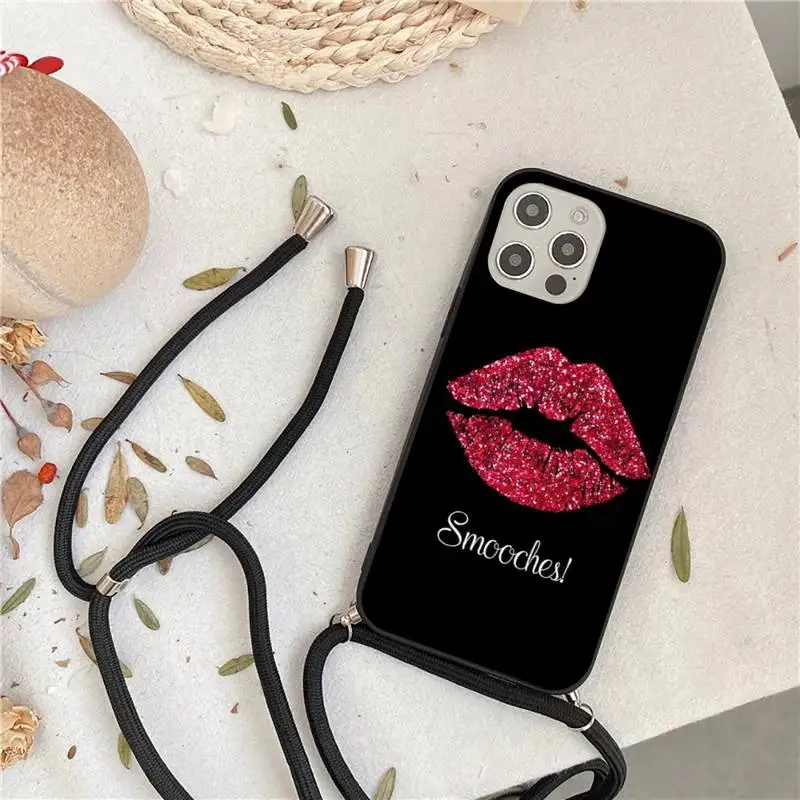 

Shiny sexy lips Phone Case For iPhone 7 8 11 12 X XS XR MINI Pro Max Plus Strap Cord Chain Lanyard soft