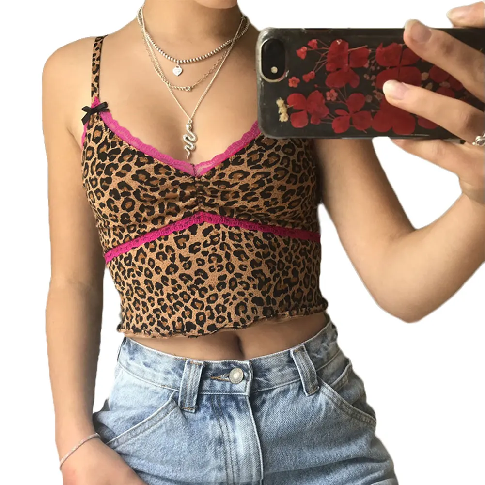 

Women's Sexy Leopard Camisole, Sleeveless Backless Spaghetti Strap Lace Trim Crop Cami Tank Top