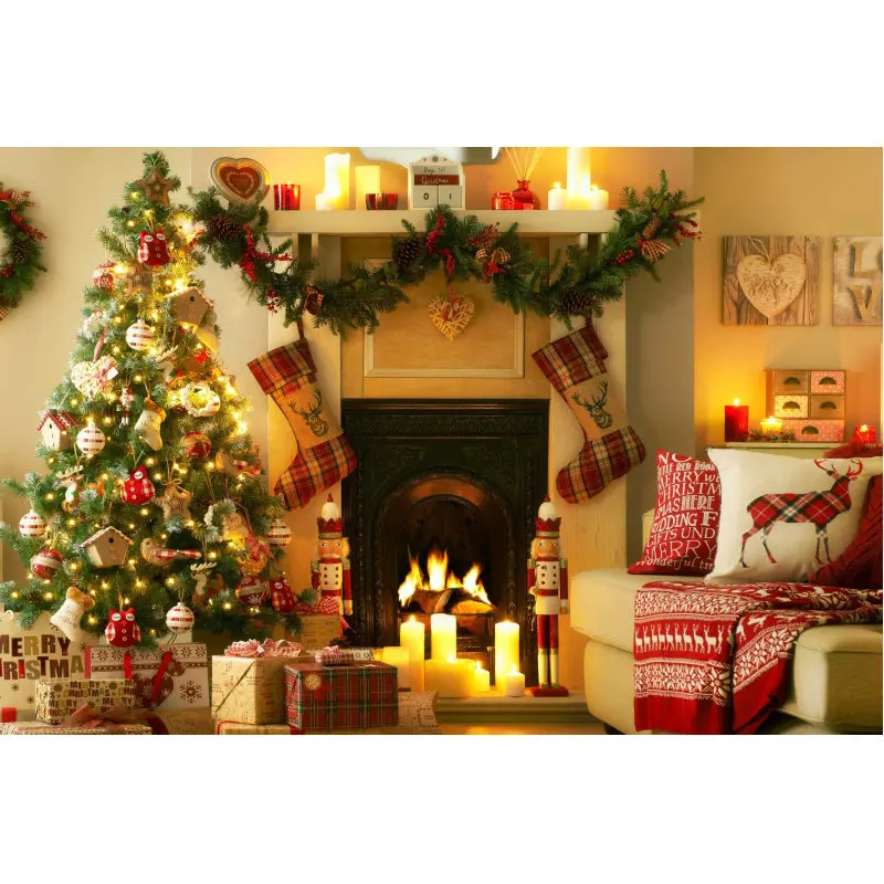 

Christmas Home Party Decor Backdrop Christmas Tree Socks Fire Background Vinyl Photography Banner Decorate the Festive Mood