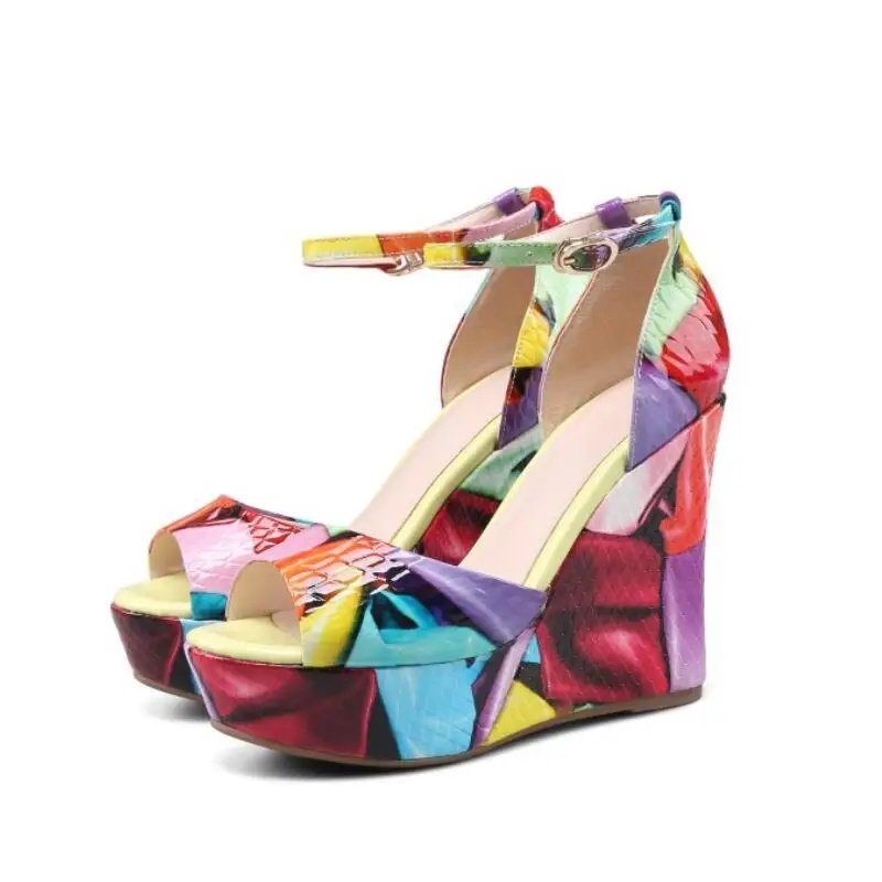 Mixed Color Summer Fashion Women Sandals Wedges High Heel And 3-5cm Platform Cover Buckle Strap Shoes | Обувь